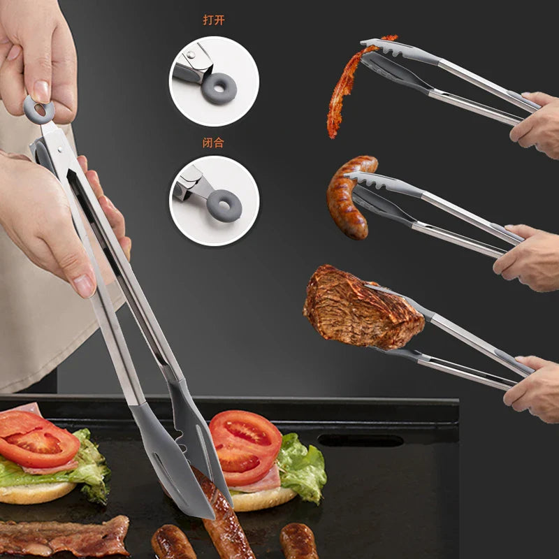 Axyaa Silicone Non-Stick Food Clips: Hollow Drain Oil BBQ Tongs for Home Kitchen Buffet.