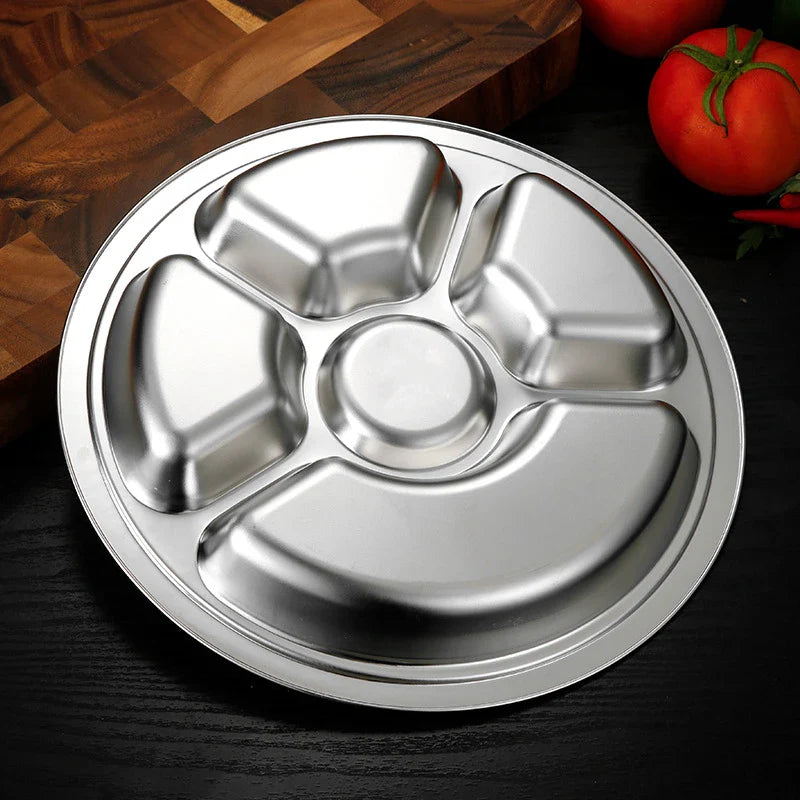 Axyaa Stainless Steel Divided Round Serving Tray Dinner Plates Canteen Lunch Dishes