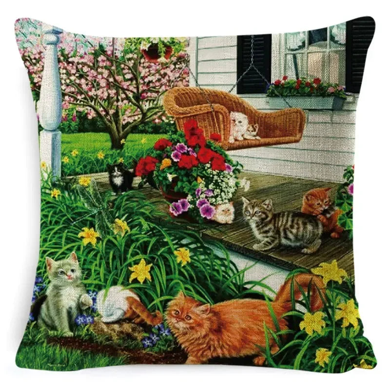 Cute Cat Pattern Linen Cushion Cover by Axyaa for Home Decor