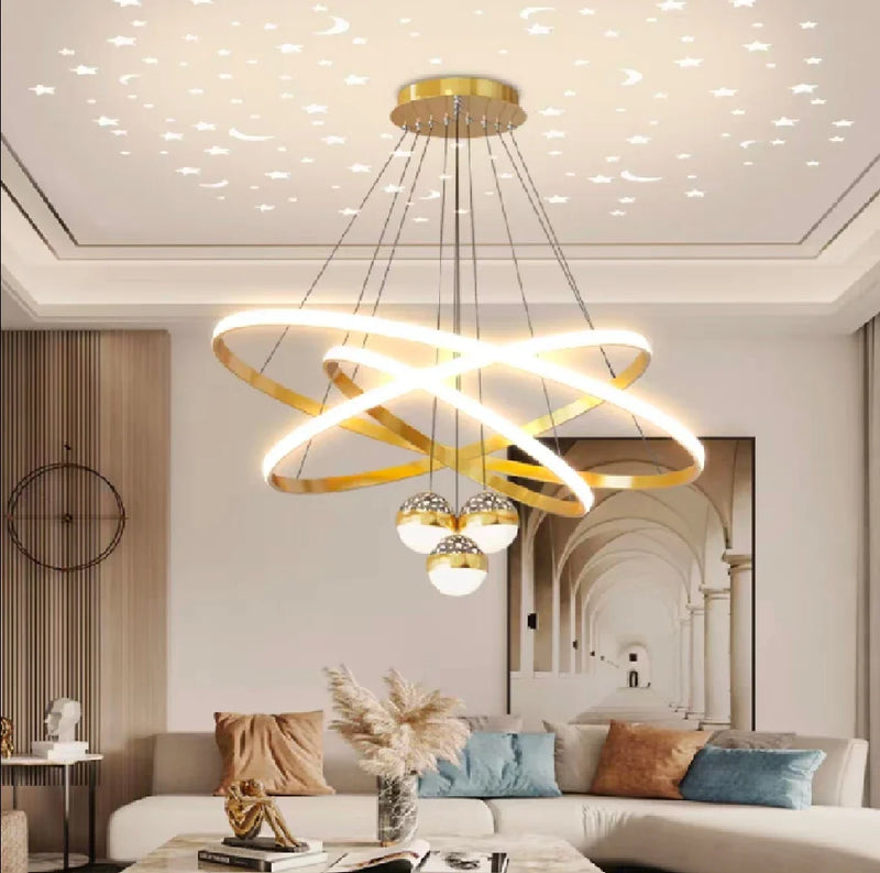 Axyaa Starry Sky Projection LED Chandelier in Black/Gold - Hanging Pendant Lights for Home