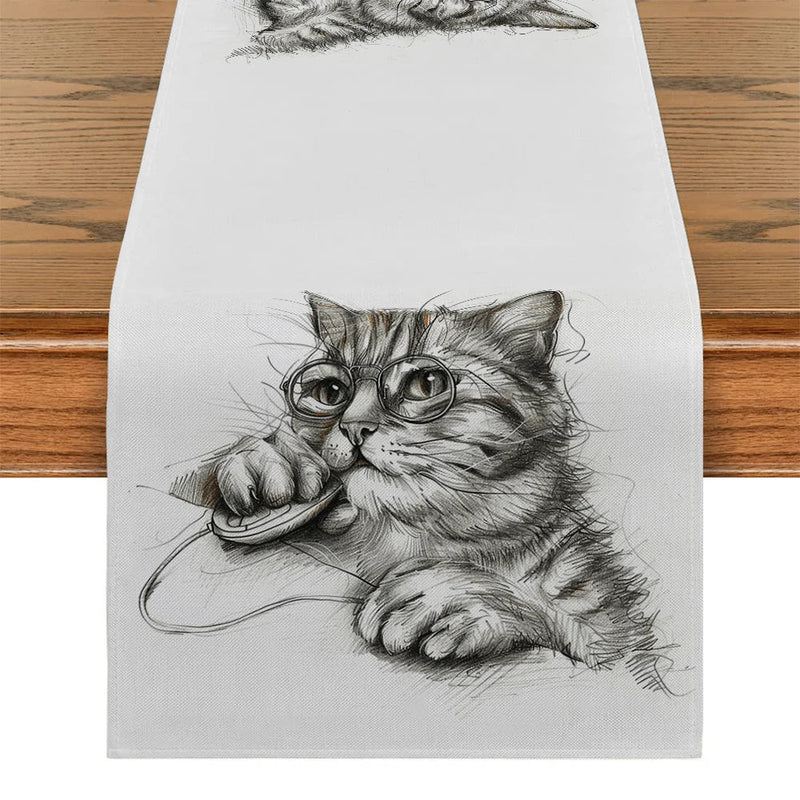 Axyaa Cat Glasses Mouse Pencil Drawing Table Runner