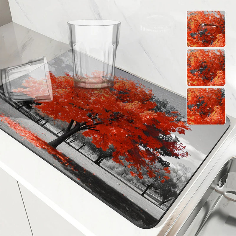 Maple Park Meadow Drying Mat by Axyaa: Non-Slip Absorbent Tableware Mat