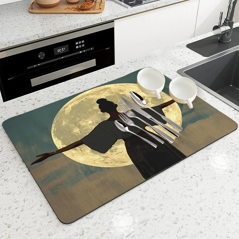 Axyaa Diatom Mud Kitchen Drain Pads - African Woman Design Absorbent Tableware Draining Mat