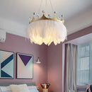 Axyaa White Feather Pendant Light with Gold Crown & Crystal Decor for Girl's Room, E27 Socket