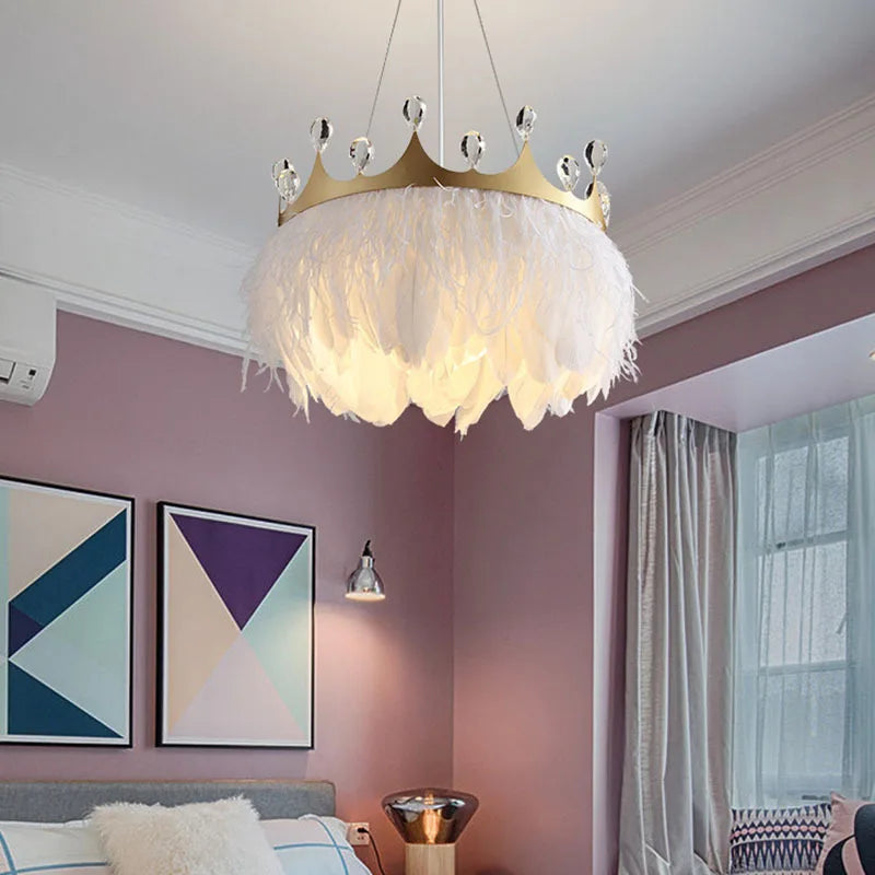 Axyaa White Feather Pendant Light with Gold Crown & Crystal Decor for Girl's Room, E27 Socket