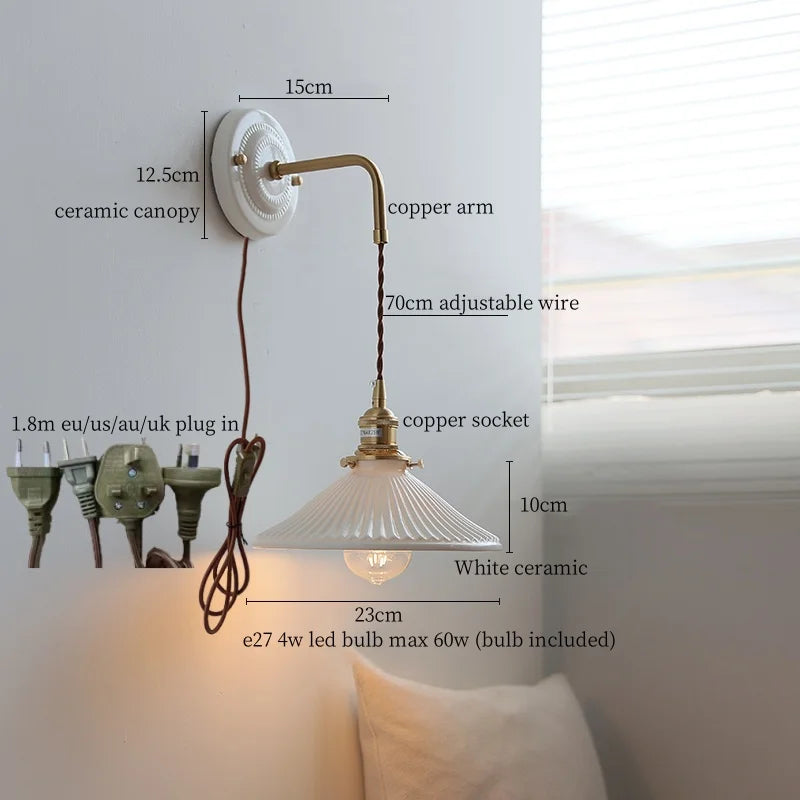 Axyaa Pleats Ceramic LED Wall Sconce Lamp with Adjustable Copper Arm