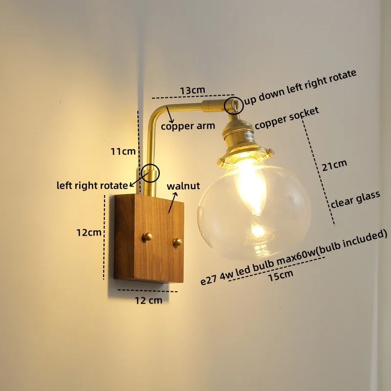 Axyaa Glass Copper LED Wall Lights Modern Bedside Lamp for Home Decor