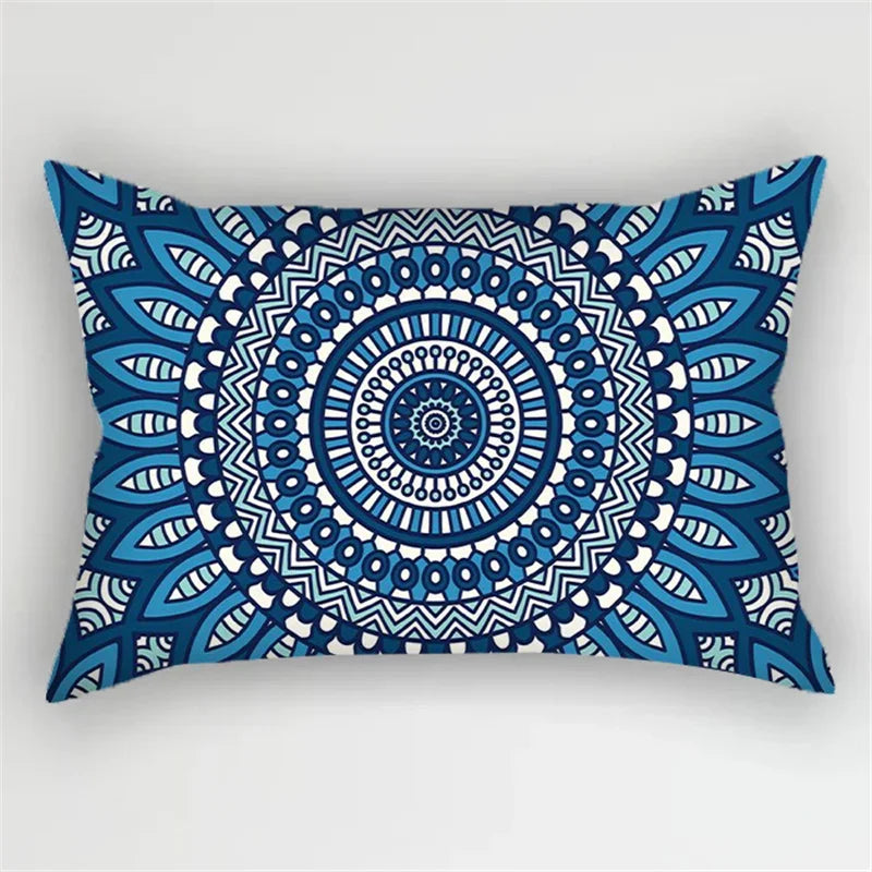 Bohemian Blue Flower Pillowcase with Vintage Ink Plant Leaf Design, by Axyaa