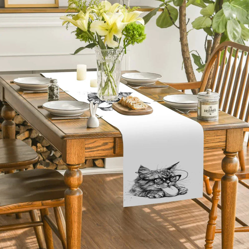 Axyaa Cat Glasses Mouse Pencil Drawing Table Runner