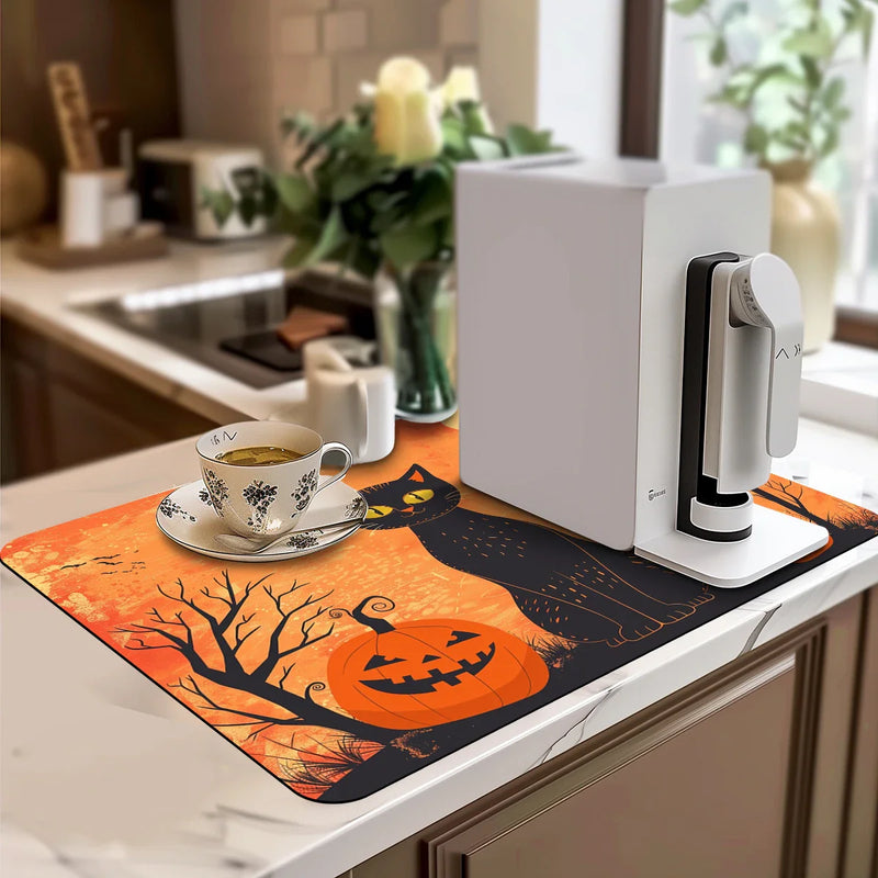 Axyaa Halloween Bat Owl Watercolor Drying Mat Black Absorbent Kitchen Mats