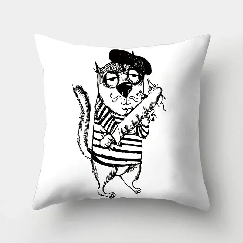 Axyaa Black & White Cat Pattern Cushion Cover for Living Room, Bedroom & Sofa