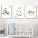 Axyaa Bear Blue Moon Nursery Custom Name Canvas Wall Art - Kids Room Decor