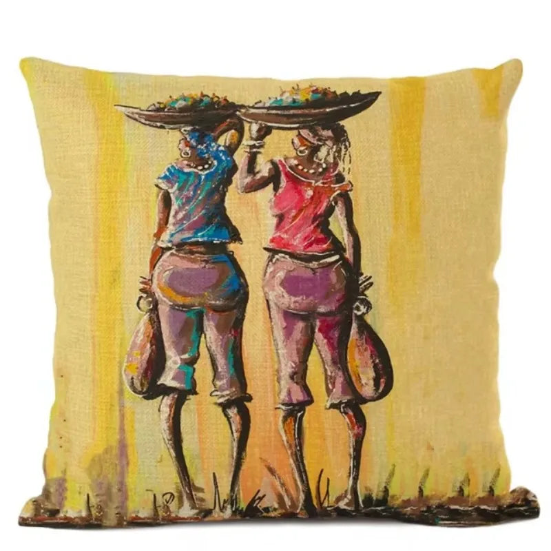 African Tribal Life Oil Painting Decorative Cushion Cover for Axyaa Branded Linen Pillowcase