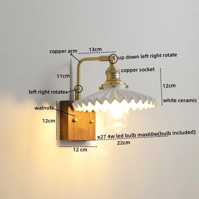 Axyaa Walnut Ceramic LED Wall Lamp with Pull Chain Switch