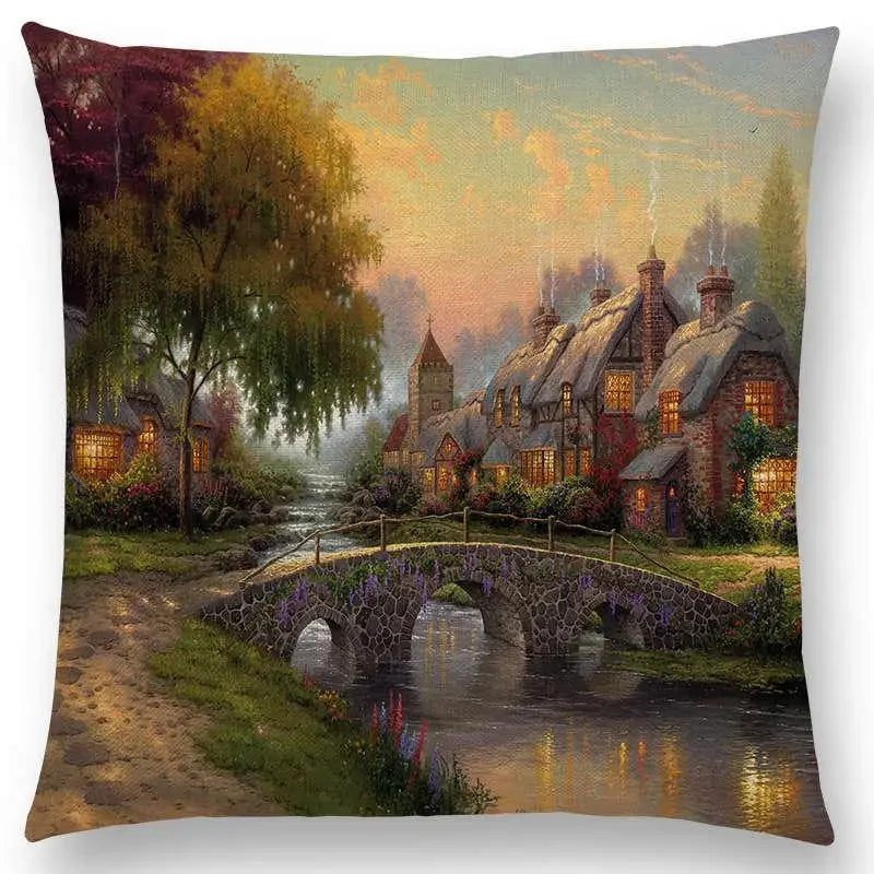 Axyaa Castle Lighthouse Scenery Painting Cushion Cover - Sofa Pillowcase