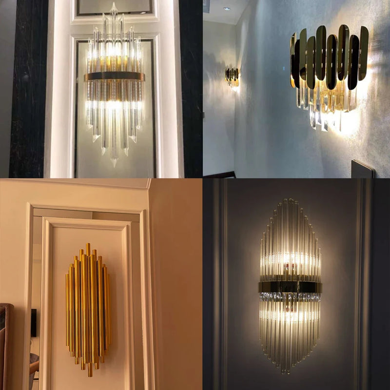 Axyaa Golden Crystal Wall Lamp: Elegant LED Sconce for Bedroom, Living Room, Bathroom