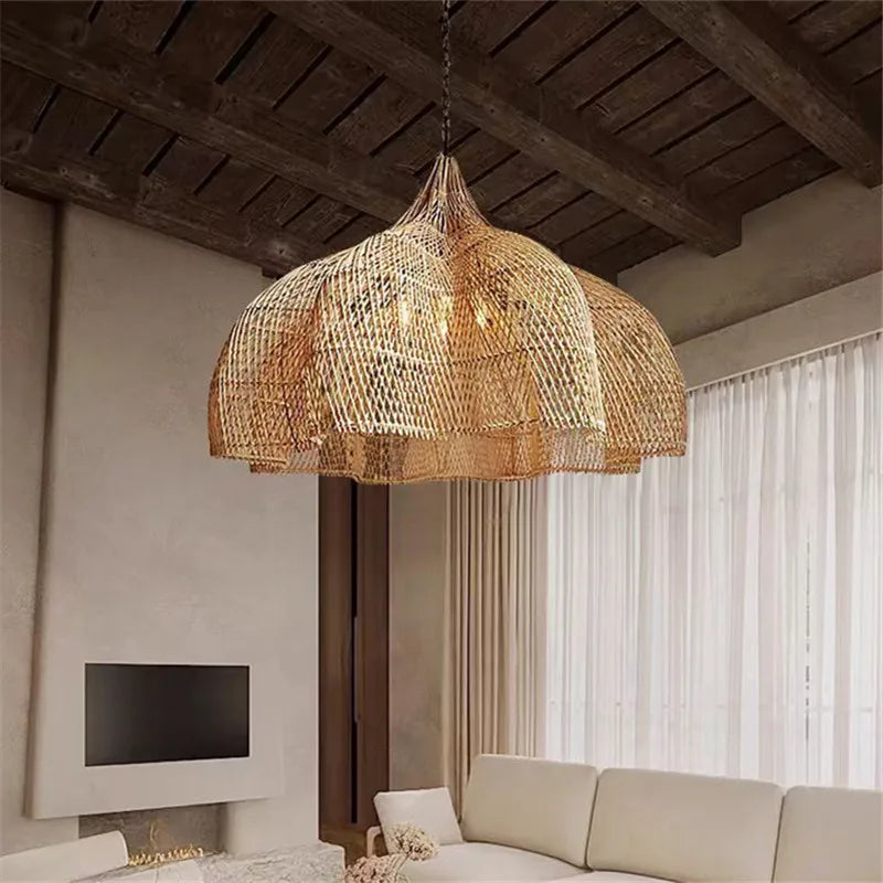 Axyaa Wicker Pendant Light: Handmade Rattan Umbrella Dining Room Fixture