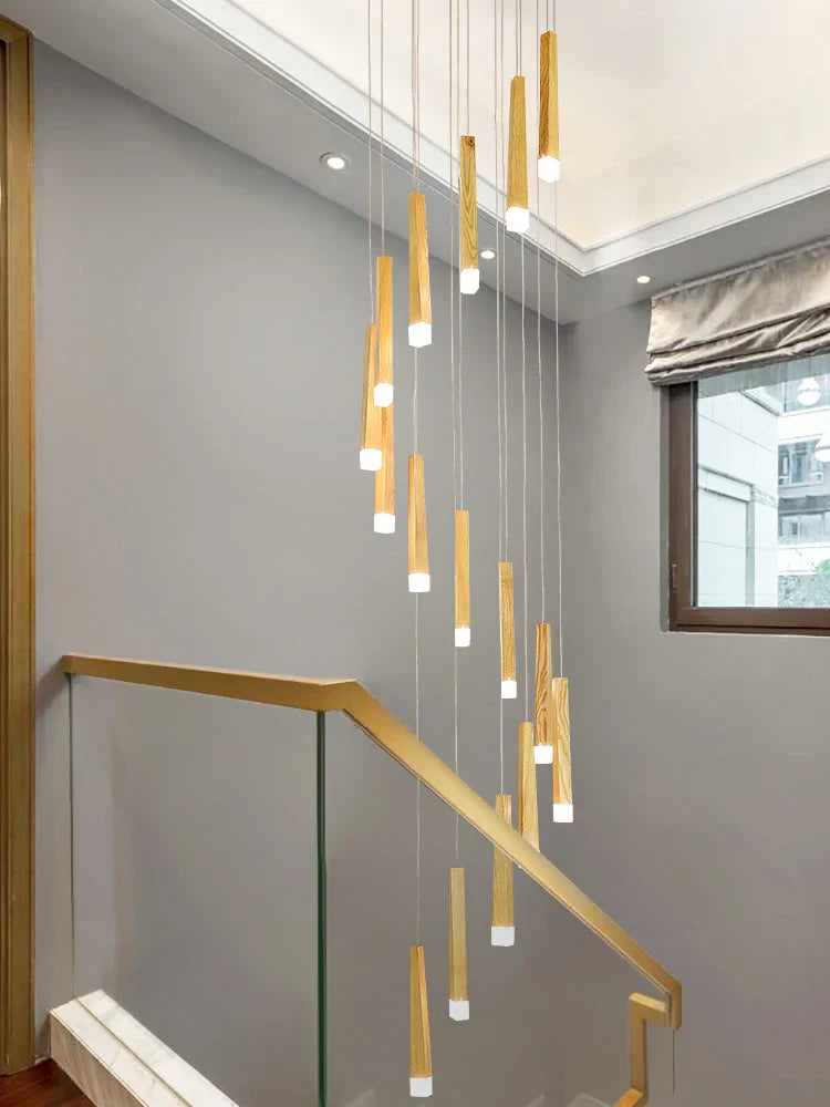 Axyaa Nordic Loft Rotating Wooden Chandelier - LED Staircase Pendant Light