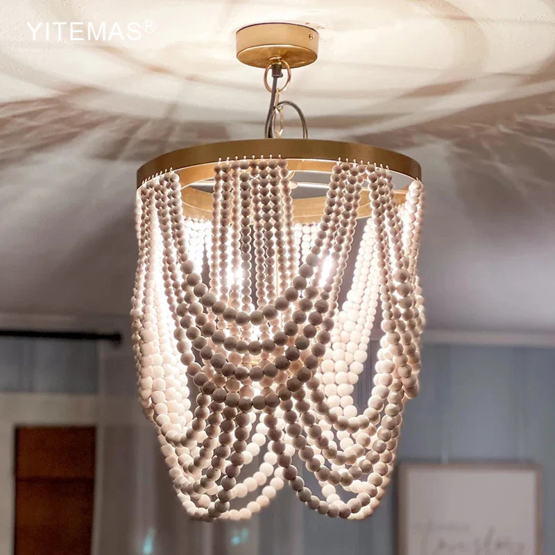 Axyaa Boho Wood Bead Chandelier Lighting with Fringe Tassel for Home Decor