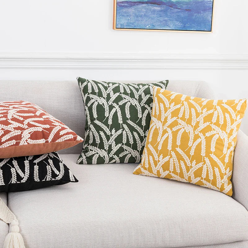 Axyaa Wheat Embroidery Cushion Cover, Soft Cozy Yellow Black Green Pillow Cover