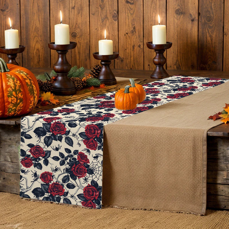 Halloween Rose Table Runner by Axyaa: Festive Farmhouse Decor for Parties & Weddings