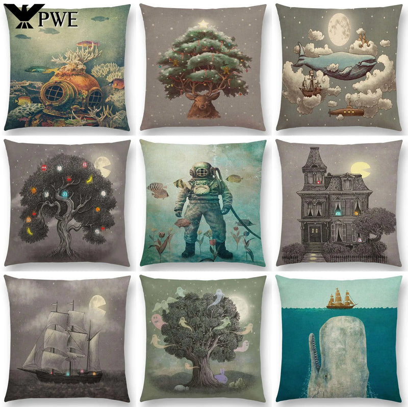 Cute Ghost Sailboat Whale Diver Cushion Cover by Axyaa