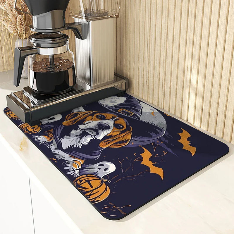 Axyaa Coffee Mat: Halloween Dog Bat Draining Pad, Quick Dry Kitchen Bathroom Drying Mat