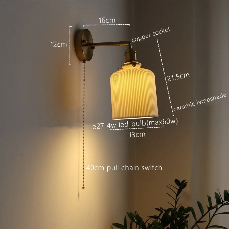Axyaa Nordic LED Wall Sconce Ceramic Pull Chain Switch Light Fixture