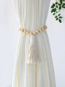 Wooden Bead Curtain Tiebacks by Axyaa - Boho Macrame Holdbacks with Cotton Rope