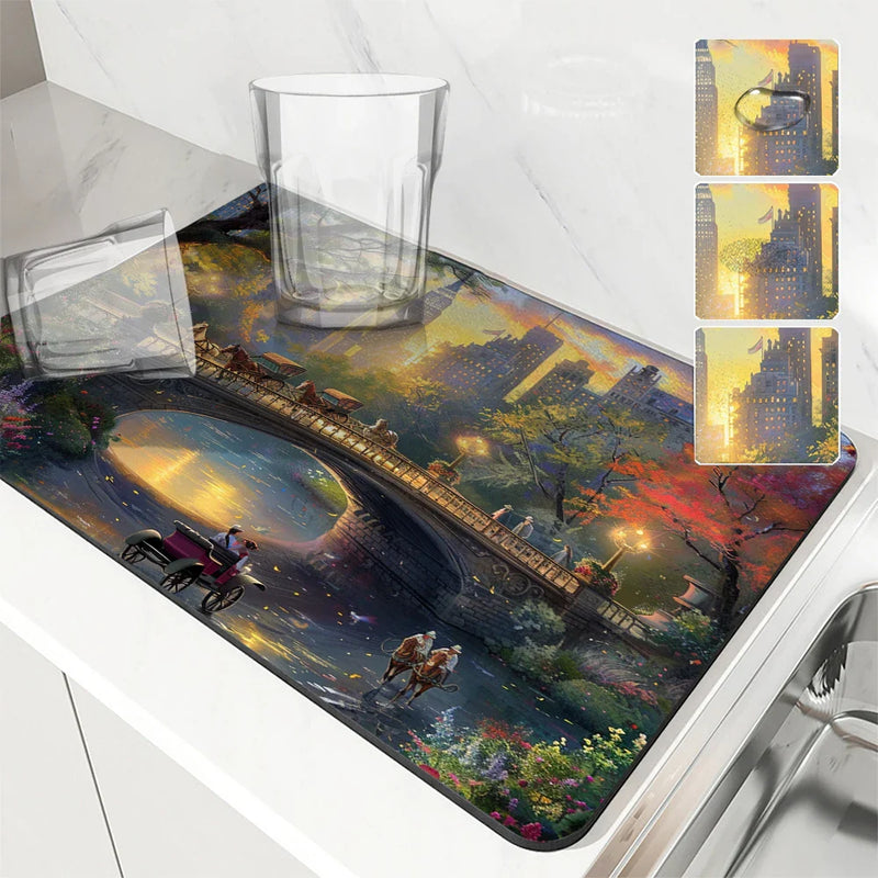 Axyaa Cityscape Absorbent Kitchen Mat - Antiskid & Quick Dry Dish Drying Pad
