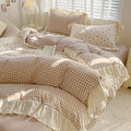 Axyaa Pink Checkered Lace Duvet Set: 1 Duvet, 2 Pillowcases, Bed Sheet.