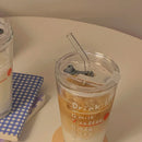 Axyaa Cute Korean Glass Water Bottle 480ml Straw Lid Coffee Milk Juice Cup