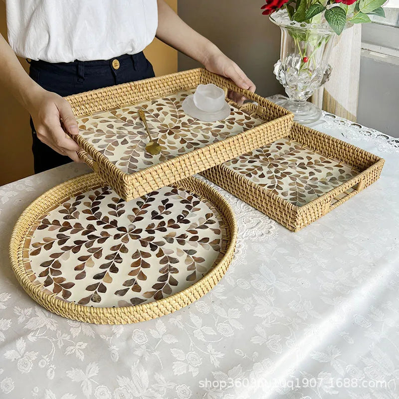 Axya Rattan Shell Storage Tray: Handmade Light Luxury for Home, Restaurant, and Picnics