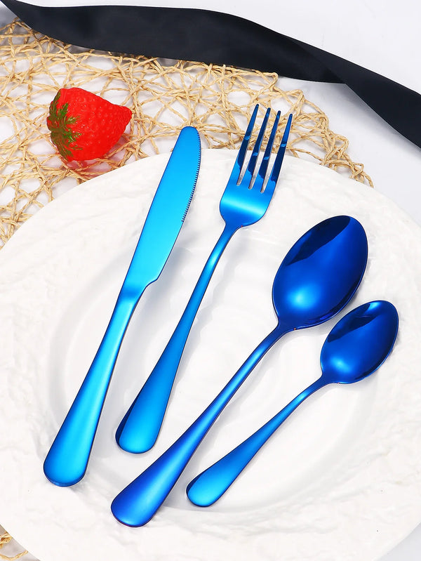 Axyaa 24-Piece Stainless Steel Cutlery Set, Blue Round Handle, Suitable for Home and Hospitality
