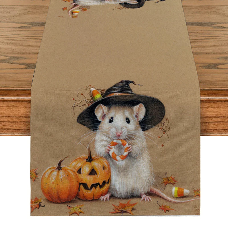 Axyaa Halloween Mouse Pumpkin Wizard Hat Table Runner
