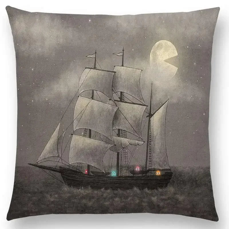 Cute Ghost Sailboat Whale Diver Cushion Cover by Axyaa