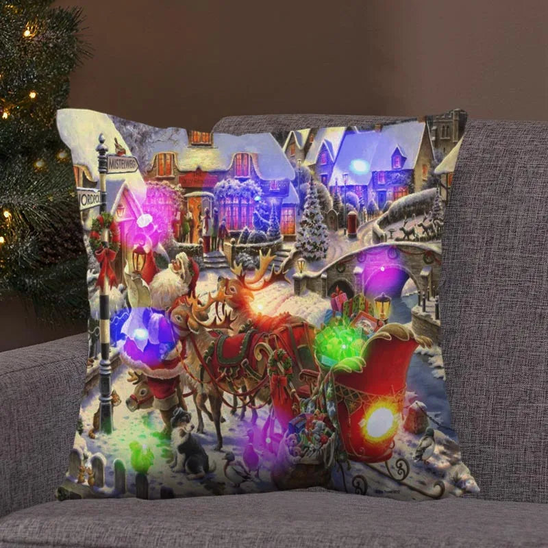 Axyaa LED Retro Santa Christmas Lights Pillowcase Home Decor 45x45