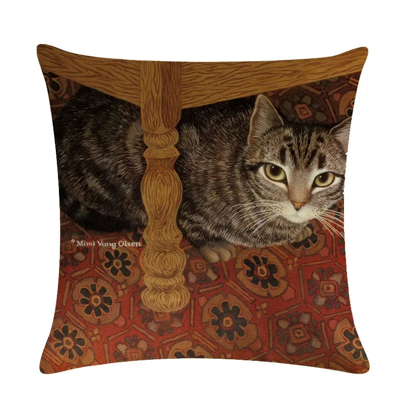 Axyaa Retro Cat Linen Pillowcase 45*45cm - Home & Sofa Decoration