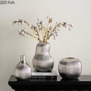 Axyaa Matte Silver Ceramic Striped Vase Room Decoration Artificial Flowers Bouquet