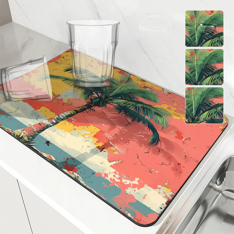 Tropical Plants Drying Mat by Axyaa: Non-Slip Absorbent Tableware Mat