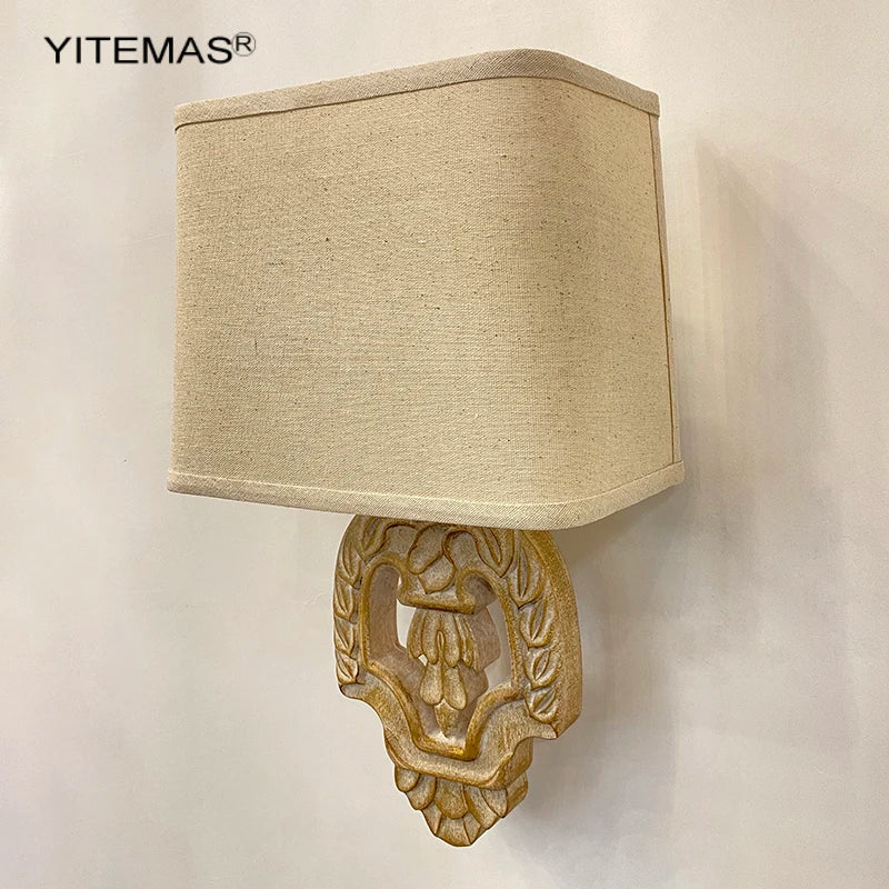 Axyaa Retro Wooden Wall Sconce with Fabric Shade for Bedroom and Living Room