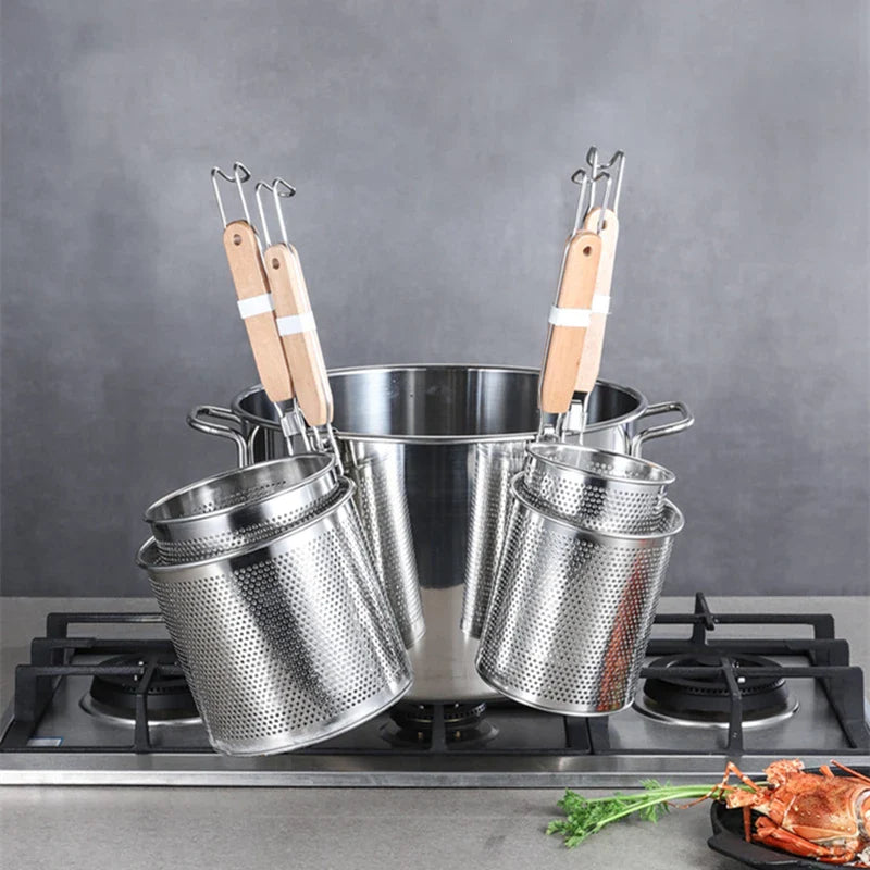 Axyaa Stainless Steel Hot Pot Colander with Wooden Handle - Kitchen Skimmer Basket