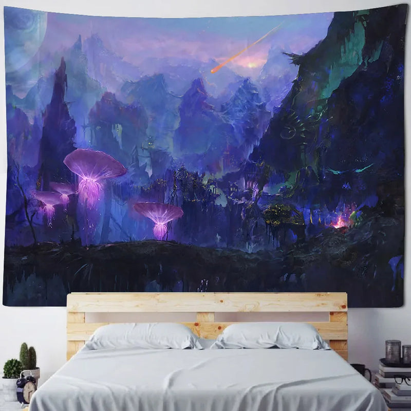 Axyaa Fairy Tale Fantasy Mushroom Tapestry - Boho Kids Room Art Decor