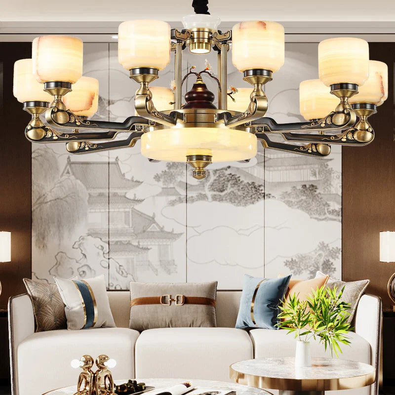 Axyaa Duplex Living Room Chandelier: Elegant Chinese Villa-style Multi-storey Zinc Alloy & Jade Lamps.