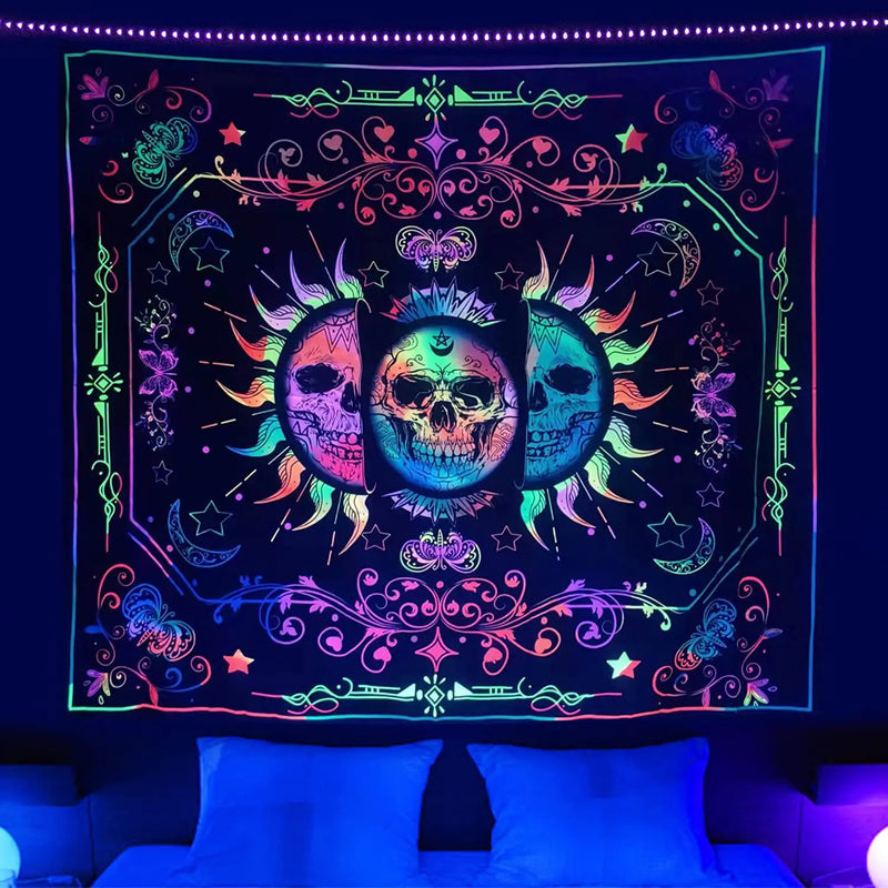 Axyaa Psychedelic Skull Head UV Reactive Tapestry Wall Hanging