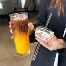Axyaa Stripe Glass Cup with Lid and Straw, Transparent Coffee Mug, 600ML