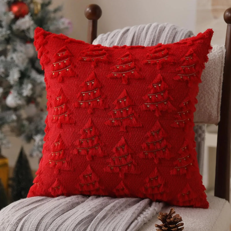 Axyaa Christmas Tree Pillow Covers 18 x 18 Plush Faux Wool Decorative Couch Pillow