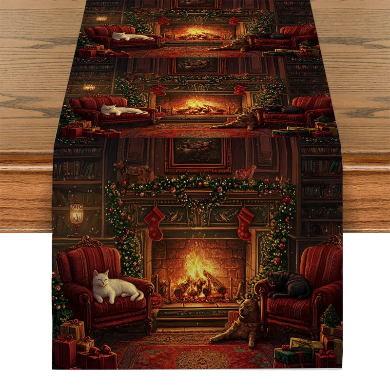 Axyaa Christmas Cat Fireplace Bow Table Runner for Kitchen Holiday Party Decor