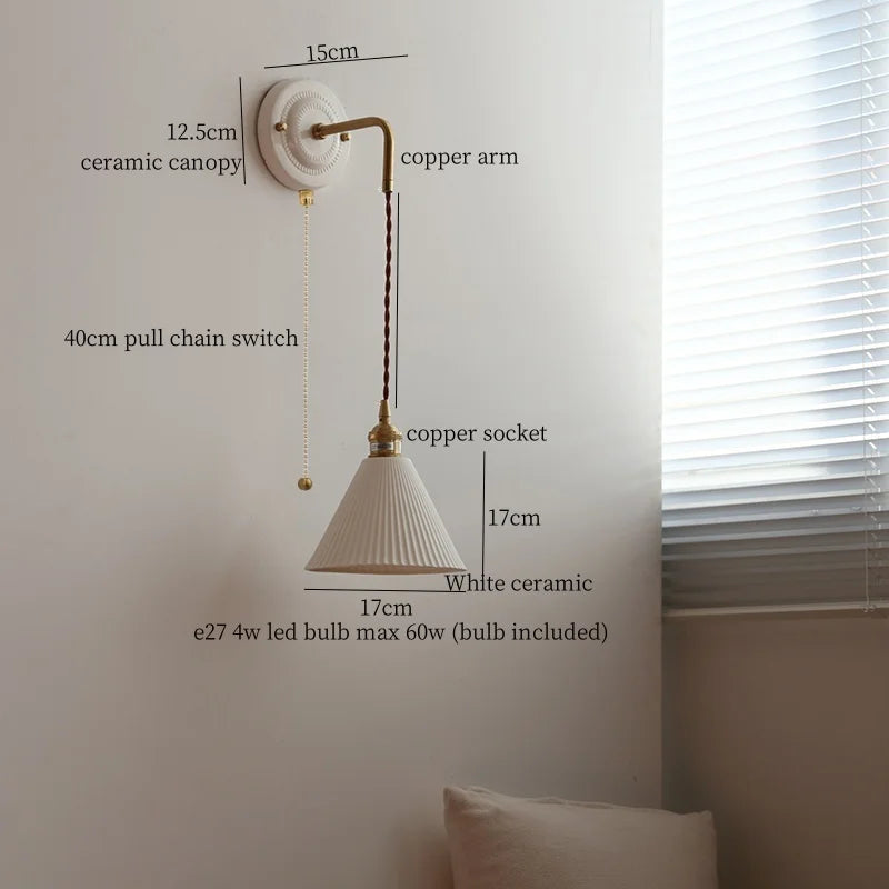 Axyaa Small Pleats Ceramic LED Wall Light Fixture Copper Arm Pull Chain Switch