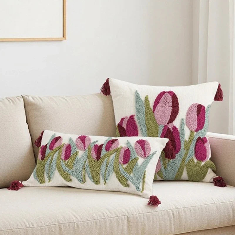 Axyaa Tufted Tulip Plant Leaves Chenille Tassel Cushion Cover for Home Decoration